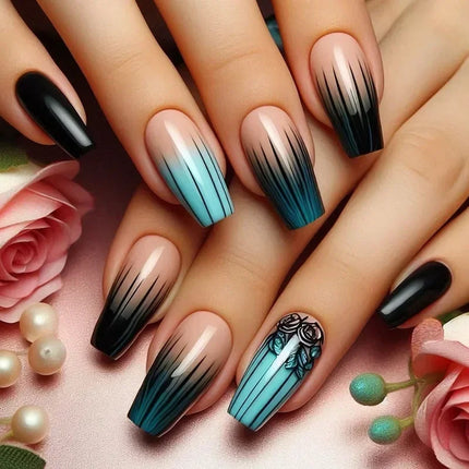 24Pcs Ladder-shaped Ballet False Nails with Glue Stripe Floral Nail
