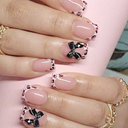 24Pcs Pink French Style Fake Nails 3D Bowknot Designs Short Square