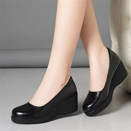 light weight black spring comfort slip on wedge heel shoes lady cool black leather heel