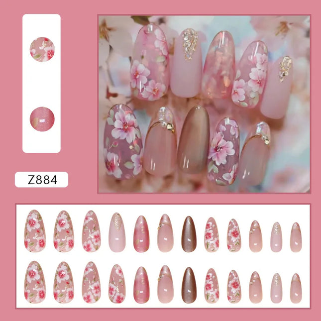 24Pcs Peach Blossom Press on Nails Cat's Eye Nude Glitter False Nail