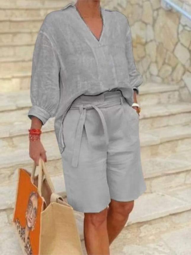 Spring summer cotton and linen shirt long sleeve women's suit Fashion lace up casual pocket five