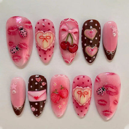 24PCS Wine Red Almond Press on Nails Cartoon Rabbit Bowknot