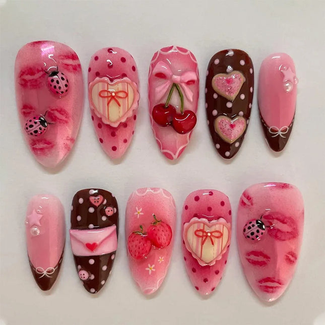 24PCS Wine Red Almond Press on Nails Cartoon Rabbit Bowknot