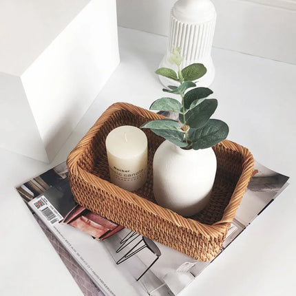 3 size Hand-woven Rattan Wicker Basket Fruit Tea Snack Bread Basket Cosmetic Rectangular Storage Box Household Kitchen Supplies