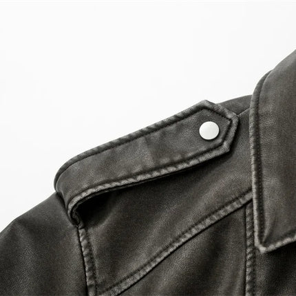 2024New Coal graysty le Women's washed leather jacket with belt, short coat with downgraded zipper and vintage lapel jacket