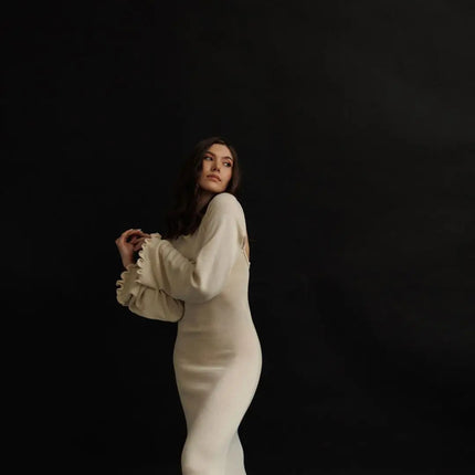 Cryptographic Elegant Knitted Sweater Maxi Dress Outfits for Women Flare Sleeve Sexy Backless Dresses Edible Tree Fungus Clothes