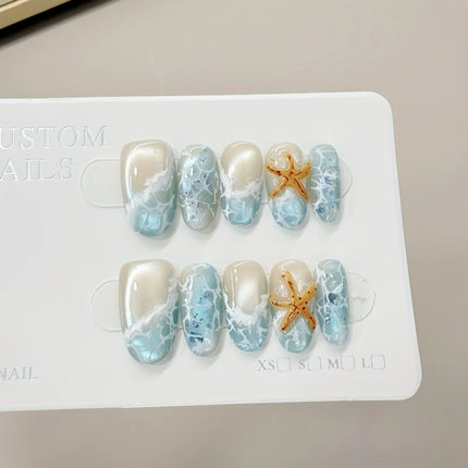 10pcs Handmade Press on Nails Summer Wave Ripple Starfish Full Coverage