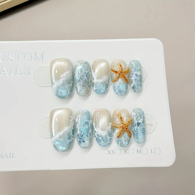 10pcs Handmade Press on Nails Summer Wave Ripple Starfish Full Coverage