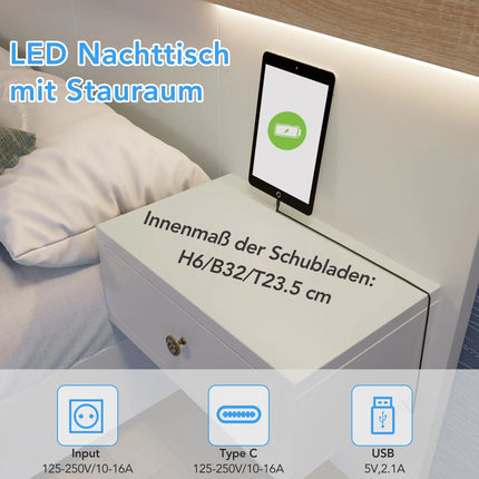 Double bed 160 x 200 cm with 2 LED bedside tables and USB C socket, including 2 bedside tables, bedroom complete - 205x264x90.5