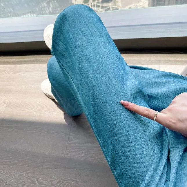 Thin Denim Trousers Letter Elastic Waist Pockets Casual Straight Wide Leg Long Pants Woman Clothing Summer High Street Blue New