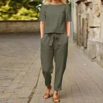 Women's Cotton Linen Suit Summer Matching Suit Half-sleeved Round Neck Tie Elastic Waist Trousers