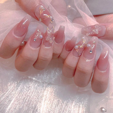 Blush Pink False Nails Bowknot Diamond Pearl 3D Design Press on Nail Tips