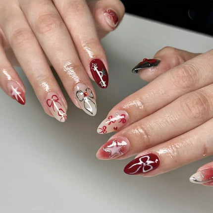24PCS Wine Red Almond Press on Nails Cartoon Rabbit Bowknot