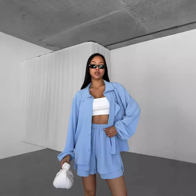 Short Sets Solid Women Two Pieces Suits High Waist Shorts Turn Down Collar Long Sleeve Shirt