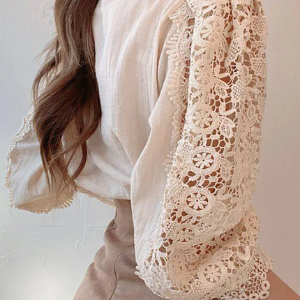 Women Chiffon Button Turtleneck Shirt Chic Elegant Floral Lace Fluffy Long Sleeve Top Fashion Hollow Oversize White Blouse 2024
