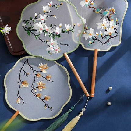 Embroidered Group Fan Ancient Style Fan Summer Long Handled Tassel Dance Hanfu Palace Fan Children's Cheongsam Round Fan