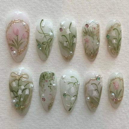 24Pcs Peach Blossom Press on Nails Cat's Eye Nude Glitter False Nail