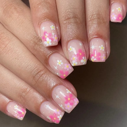 24Pcs Short Almond Press-On Nails Pink Floral French Tip Glossy&Elegant Full Cover