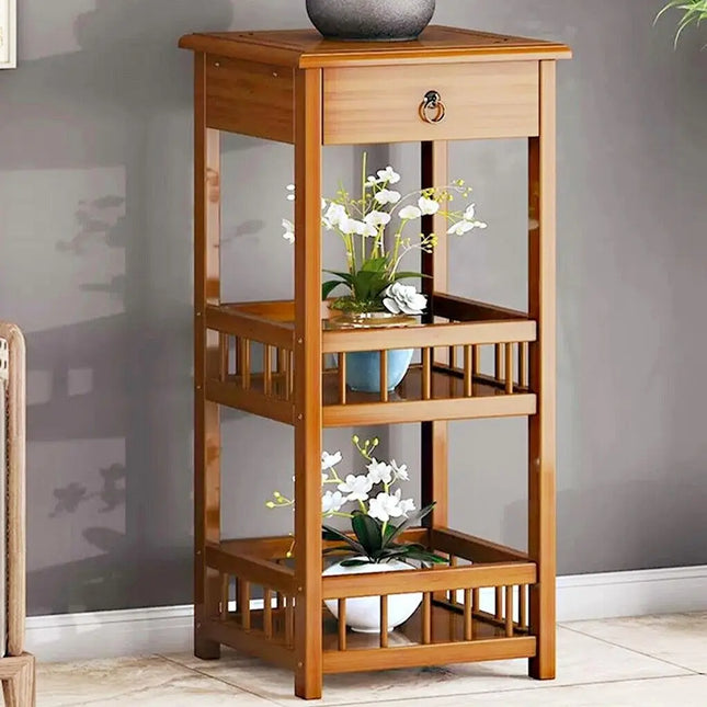 2-Tier Retro Bedside Table Bamboo Sofa Coffee End Table with Drawer
