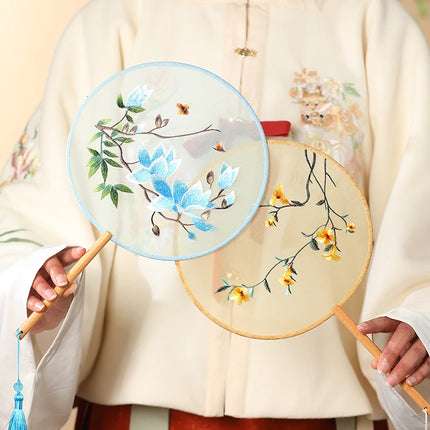 Embroidered Group Fan Ancient Style Fan Summer Long Handled Tassel Dance Hanfu Palace Fan Children's Cheongsam Round Fan