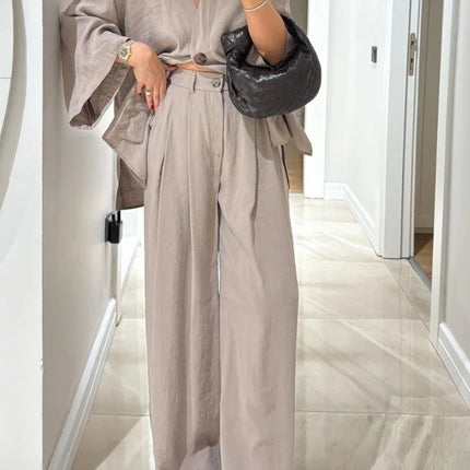 Casual Cotton Linen Loose Long Pants Suits Fashion Half Bubble Sleeve V-neck One Button Shirt Sets