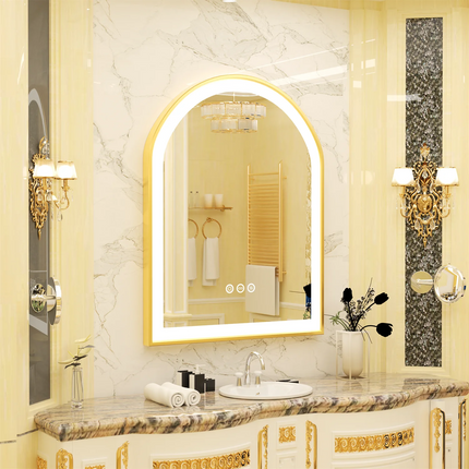 Gold Bathroom Mirror with Lights 36" LED Backlit Arch Wall Mirror Brushed Frame Touch Antifog 3 Colors Lights Adjust