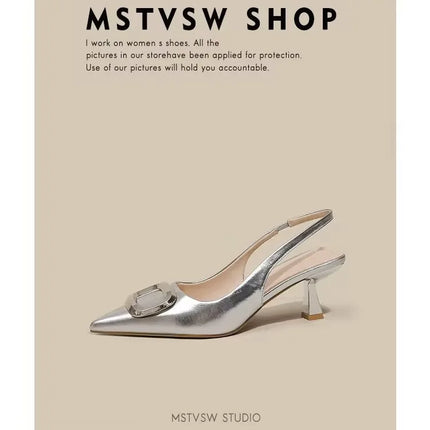 Brand Woman Slingback Shoes Fashion 2024 Spring New Ladies High Heels Elegant Med Heel Pointed Toe Slip on Sandal Mules