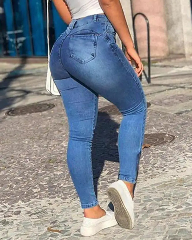 Women's Denim Pants 2024 Summer New Fashion Solid Color Buttoned Pocket Zipper Design High Waist Casual Daily Skinny Jeans