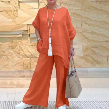 Elegant Simple Summer Two Piece Sets Women Fashion Long Sleeve Pant Sets 2PCS Solid