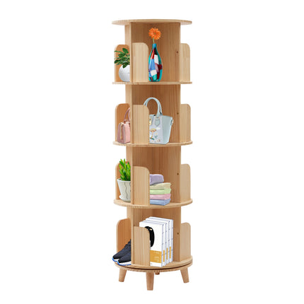 360 Degree Rotating Bookshelf Wood Display Stand Storage Sheves Rack Bookcase 4 Tiers Books Organizer Floorstanding
