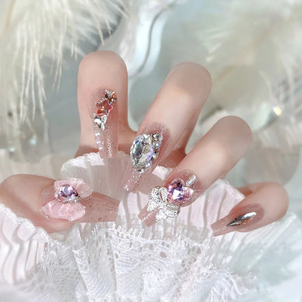 Blush Pink False Nails Bowknot Diamond Pearl 3D Design Press on Nail Tips