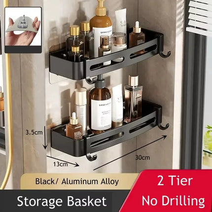2pcs Bathroom Corner Shelf With Hook No Drill Space Aluminum Wall Mounted Shower Holder Shampoo