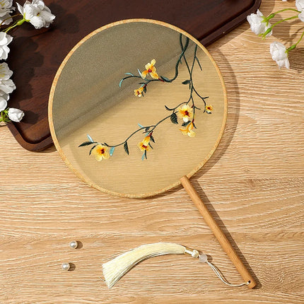 Embroidered Group Fan Ancient Style Fan Summer Long Handled Tassel Dance Hanfu Palace Fan Children's Cheongsam Round Fan