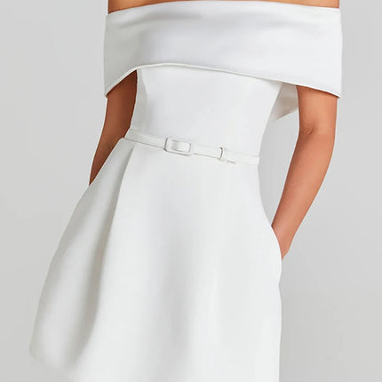 Slash Neck Off The Shoulder Solid Mini Dress, Women Spring Summer Patchwork Simple Party Dress, 2024 Short Sleeve Ladies Dress