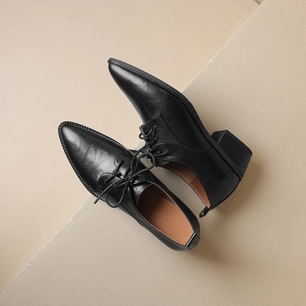 EAGSITY Cow leather lace up pointed toe oxford shoes women shoes block Heel Women high heel derby shoes outdoor sneaker
