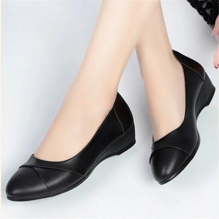 light weight black spring comfort slip on wedge heel shoes lady cool black leather heel