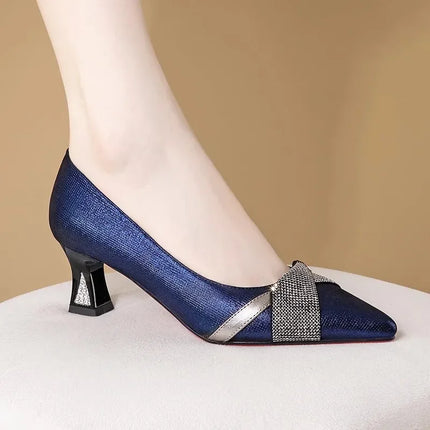 Women Cute Sweet Navy Blue High Quality Floral Crystal Comfort Pumps Lady Fashion Wine Red Heel