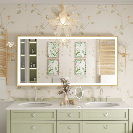 LED Bathroom Vanity Mirror Gold Frame Front Lighted Aluminum Rectangle Beveled Edge Tricolors Stepless Dimmable