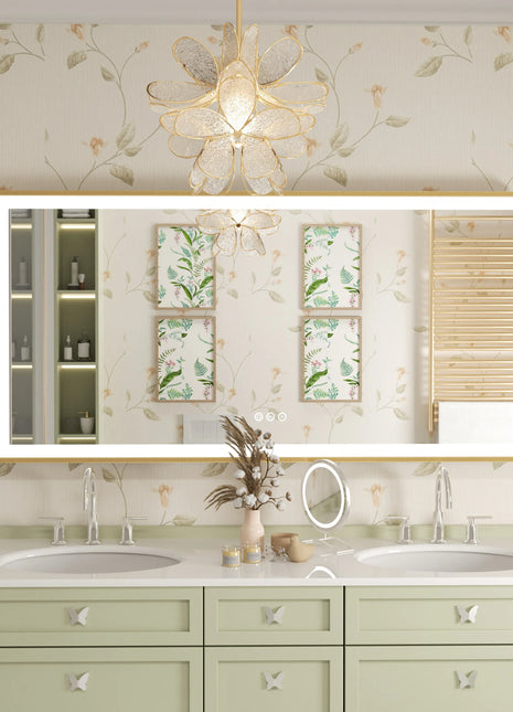 LED Bathroom Vanity Mirror Gold Frame Front Lighted Aluminum Rectangle Beveled Edge Tricolors Stepless Dimmable