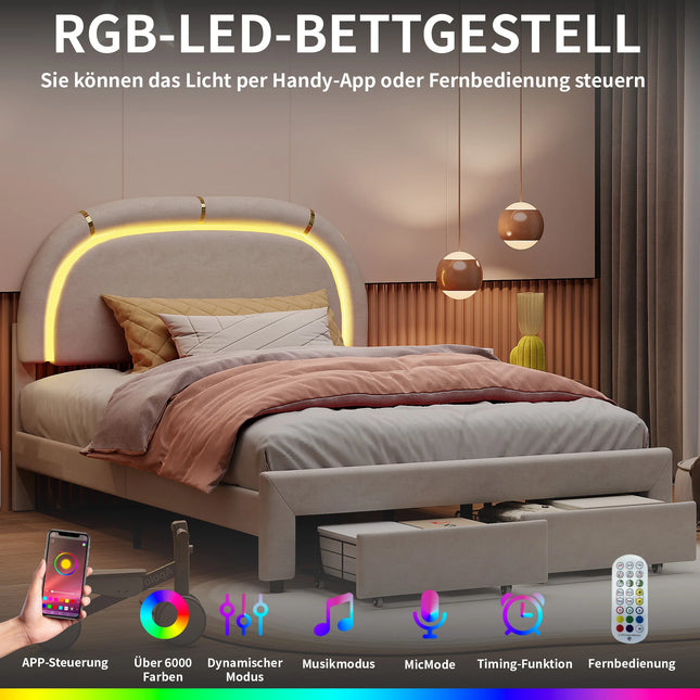 140x200cm Modern Princess Bed, Double Bed Frame with 2 Underbed Drawers, Bed with Metal Mattress Base and Wooden Slats Frame