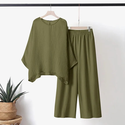 Elegant Simple Summer Two Piece Sets Women Fashion Long Sleeve Pant Sets 2PCS Solid