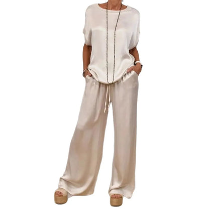 Casual Loose Satin T Shirt Pants Two Piece Sets Women Fashion O-neck Short Sleeve T Shirts Suit Spring Summer