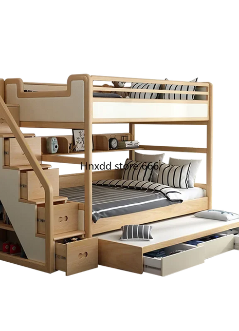 Bunk bed ash wood three layers with the same width parallel mother and child high and low children with trailer
