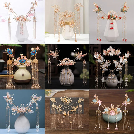 Chinese Long Hair Stick tiara Headpiece Women Hair Accessories Flower Crystal Pearl Hair Pins Handmade Hanfu Hair Jewelry Set