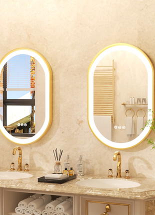 Gold Frame Oval Bathroom Mirror LED Lighted Anti-Fog Smart Vanity Mirror Anti-fog Dimmable Illuminated Innovative Makeup Mirror