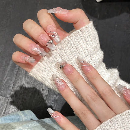 10Pcs Reuse Finished Fake Nails with Butterfly Deisgn Pink Cat's Eye French