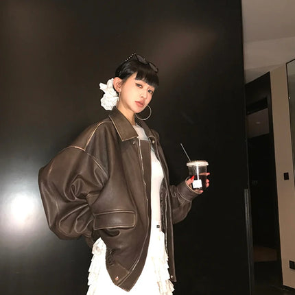 Spring Autumn Cool Handsome Retro Oversized Distressed Brown Soft Faux Leather Jackets for Women Zipper Runway Fashion