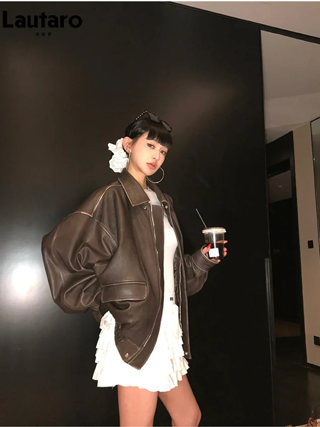 Spring Autumn Cool Handsome Retro Oversized Distressed Brown Soft Faux Leather Jackets for Women Zipper Runway Fashion