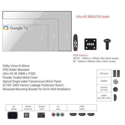 Soulaca 43inch Mirror TV Large Smart 4K Screen Vanishing IPX6 Waterproof for Bathroom SPA Google System WiFi Bluetooth