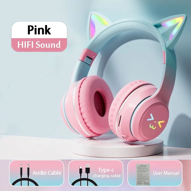 wireless Headphones RGB cute cat ear Bluetooth Earphones with microphone Stereo Music